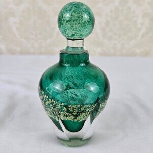 Vintage Regalo Green & Gold Art Glass Perfume Bottle Three Sided Design